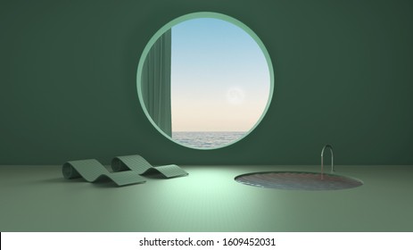 Imaginary Fictional Architecture, Interior Design Of Empty Space With Round Window With Curtain, Concrete Turquoise Walls, Pool With Chaise Longue, Sunrise Sunset Sea Panorama, 3d Illustration