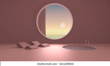 Imaginary Fictional Architecture, Interior Design Of Empty Space With Round Window With Curtain, Concrete Pink Walls, Pool With Chaise Longue, Sunrise Sunset Sea Panorama, 3d Illustration