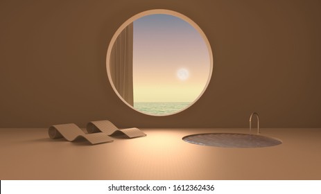 Imaginary Fictional Architecture, Interior Design Of Empty Space With Round Window With Curtain, Concrete Orange Walls, Pool With Chaise Longue, Sunrise Sunset Sea Panorama, 3d Illustration