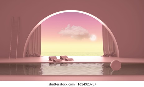 Imaginary Fictional Architecture, Interior Design Of Empty Space With Arched Window With Curtain, Concrete Pink Walls, Swimming Pool With Chaise Longue, Sunrise Sunset Sea Panorama, 3d Illustration