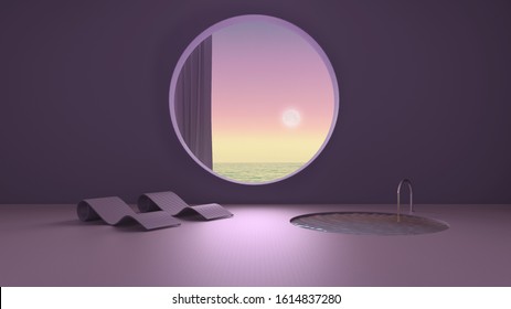 Imaginary Fictional Architecture, Interior Design Of Empty Space With Round Window With Curtain, Concrete Purple Walls, Pool With Chaise Longue, Sunrise Sunset Sea Panorama, 3d Illustration