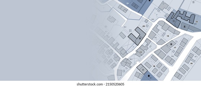 Imaginary General Urban Plan With Urban Destinations, Roads, Buildable Areas And Land Plot - Banner Design With Copy Space 