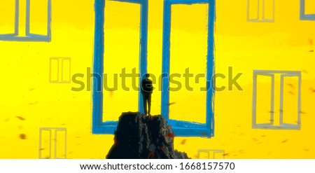 Imaginary scene. Endless space. Modern art. Windows floating. Drawing. Surreal digital image. human standing alone. Philosophy. 2d illustration.