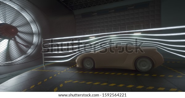 Imaginary sports car, modeled and created\
using CAD software. Conceptual prototype inside aerodynamic tunnel.\
3D\
illustration.
