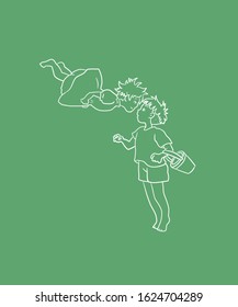 imaginary and surreal drawing. Two cute kids floating in the air. Innocent and pure.  