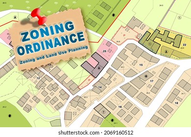 Imaginary Zoning Ordinance, General Urban Plan with indications of urban destinations with buildings, buildable areas, land plot and real estate land property