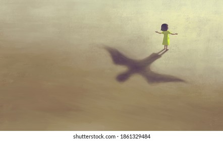 Imagination Artwork ,Girl With Flying Bird Shadow , Painting Art, Conceptual Illustration,  Freedom  Ambition Life And Hope Concept,  Surreal Child Dream