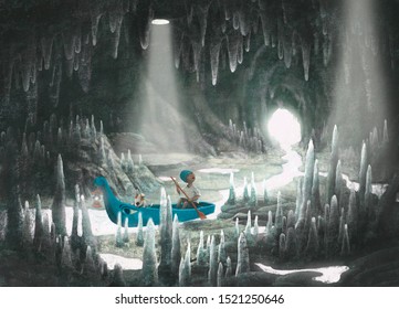 Imagination Boy With Dog On Boat In Fantasy Cave, Painting Illustration, Surreal Freedom Concept