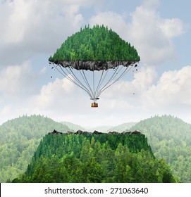 Imagination concept as a person lifting off with a detached top of a mountain floating up to the sky as a hot air balloon metaphor for the power of imagining and dreaming of moving mountains.