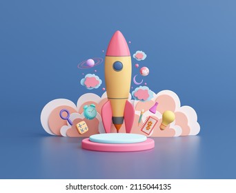 imagination creative spaceship take off cute cloud kid galaxy space stand podium product startup online learn education idea science technology and test tube light bulb pencil object. 3D illustration.
