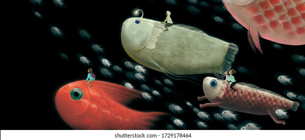  Imagination And Dream Concept Artwork, Surreal Painting Of Children Riding Cute Fishes, Art, Illustration, Fantasy Animal