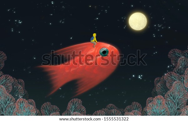可愛い巨大魚を月に乗せる空想のシーンボーイ 超現実的な絵のイラスト アート 自由のコンセプト のイラスト素材