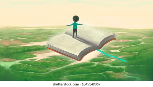 Education￼ Imagination Learning Dream And Freedom Concept, Boy Riding Flying ￼book. Surreal Painting. Fantasy Art, Conceptual Artwork, Happiness Of Child Illustration