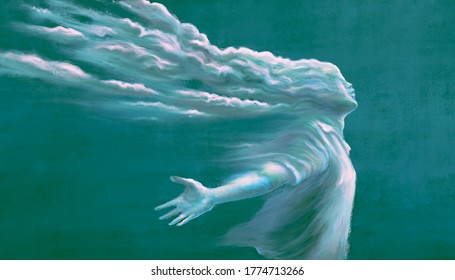 imagination surreal art, man with cloud head, spiritual freedom dream happiness and hope concept, dreamlike artwork, fantasy painting illustration