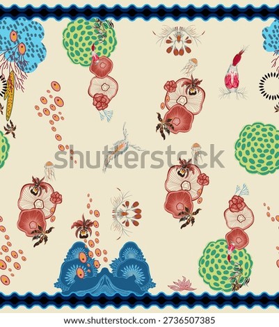 An imaginative seamless pattern inspired by microscopic marine life and organic botanical forms. Stylized corals, fungi-like structures, jellyfish elements, and abstract cellular shapes are scattered across a soft neutral background, creating a rich underwater fantasy mood. The detailed hand-drawn look combined with earthy reds, greens, and blues gives this design a refined artistic character. Ideal for fashion textiles, wallpapers, home decor, surface design, stationery, and creative lifestyle products that require a distinctive and story-driven visual style.