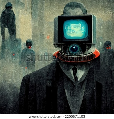 Imagine a world where your government is watching your every move. It's not that far away. Your privacy is over. This Image shows a anonym man that has a monitor with a camera instead of a head. Foto stock © 