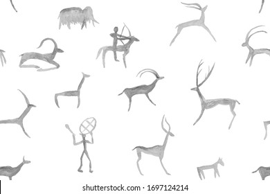 Imitation Of Hand Drawing In A Cave Painted By An Ancient Man On A Rock Wall. Hunting For Deer, Animal. Shaman,, Neanderthal, Roe, Ram, Mammoth, Hunter. Seamless Pattern.