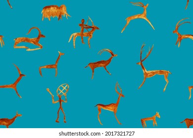 Imitation Of Hand Drawing In A Cave Painted By An Ancient Man On A Rock Wall. Hunting For Deer, Animal. Shaman, Aboriginal, Neanderthal, Roe, Ram, Mammoth, Hunter. Seamless Pattern.