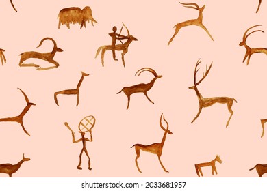 Imitation Of Hand Drawing In A Cave Painted By An Ancient Man On A Rock Wall. Hunting For Deer, Animal. Shaman, Aboriginal, Neanderthal, Roe, Ram, Mammoth, Hunter. Seamless Pattern.