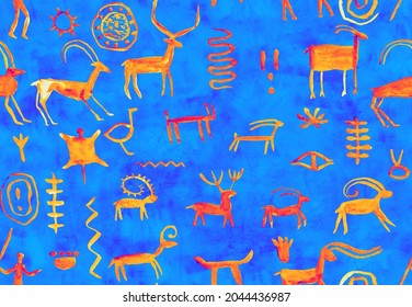 Imitation Of Hand Drawing In Cave Painted By An Ancient Man On A Rock Wall. Hunting For Deer, Animal. Shaman, Aboriginal, Neanderthal, Roe, Ram,  Mammoth, Hunter, Deer. Seamless Pattern