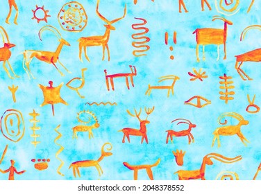 Imitation Of Hand Drawing In Cave Painted By An Ancient Man On A Rock Wall. Hunting For Deer, Animal. Shaman, Aboriginal, Neanderthal, Roe, Ram,  Mammoth, Hunter, Deer. Seamless Pattern