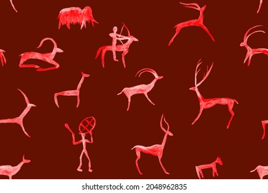 Imitation Of Hand Drawing In A Cave Painted By An Ancient Man On A Rock Wall. Hunting For Deer, Animal. Shaman, Aboriginal, Neanderthal, Roe, Ram, Mammoth, Hunter. Seamless Pattern.