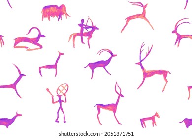 Imitation Of Hand Drawing In A Cave Painted By An Ancient Man On A Rock Wall. Hunting For Deer, Animal. Shaman, Aboriginal, Neanderthal, Roe, Ram, Mammoth, Hunter. Seamless Pattern.