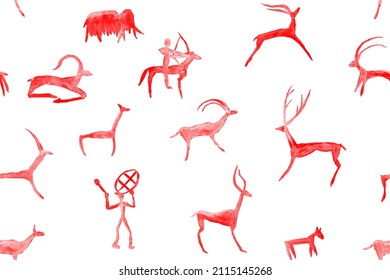 Imitation Of Hand Drawing In A Cave Painted By An Ancient Man On A Rock Wall. Hunting For Deer, Animal. Shaman, Aboriginal, Neanderthal, Roe, Ram, Mammoth, Hunter. Seamless Pattern.