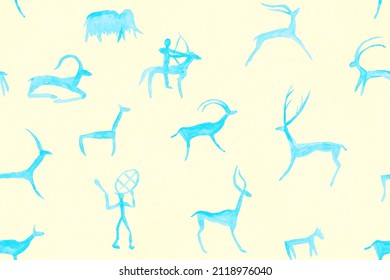 Imitation Of Hand Drawing In A Cave Painted By An Ancient Man On A Rock Wall. Hunting For Deer, Animal. Shaman, Aboriginal, Neanderthal, Roe, Ram, Mammoth, Hunter. Seamless Pattern.