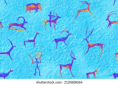 Imitation Of Hand Drawing In A Cave Painted By An Ancient Man On A Rock Wall. Hunting For Deer, Animal. Shaman, Aboriginal, Neanderthal, Roe, Ram, Mammoth, Hunter. Seamless Pattern.