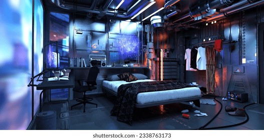 Immerse in a cyberpunk future. Neon-lit room with advanced tech, holographic displays and huge frosted window. Futuristic furniture and sleek design. A high-tech haven. 3D illustration. - Powered by Shutterstock