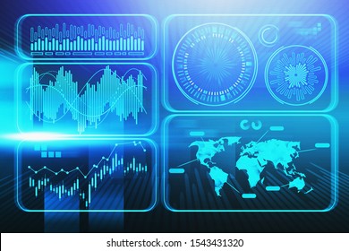 Immersive blue futuristic graphical user HUD interface. Concept of information visualisation, infographics, innovation and big data. 3d rendering toned image