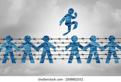 Immigration And Freedom And Migration Escape Laws Or Free Refugees Escaping From Barbed Wire With Paper Cut People Icons Entering A Country And Becoming A Citizen In A 3D Illustration Style.