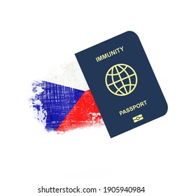 Immune Passport, against the background of the flag of Czech Republic. For entering the country, people vaccinated or recovered from COVID-19. For business and travel.