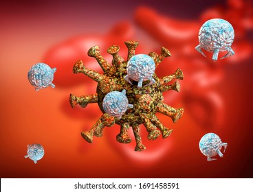 immune response against coronavirus and Covid-19. Antibodies activated by vaccine and drugs like hydroxychloroquine attacking viruses inside the human body. 3D rendering