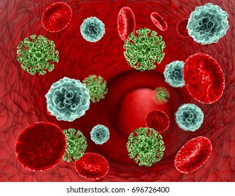 Immune system 3D illustration with red and white blood cells and virus attacking organism.