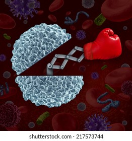 Immune System Concept As An Open White Blood Cell With A Boxing Glove Emerging As A Health Care Metaphor For Fighting Disease And Infection Through The Natural Defense Of The Human Body.