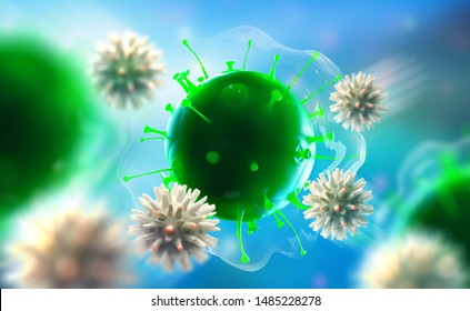 Immune system fights viral infections in body. 3D illustration of white blood cells of attacking microbes in blood. Scientific illustration of microorganisms under microscope depth of field effect