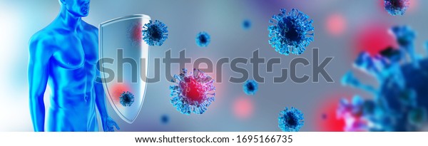 Immune system,\
protection against viruses and bacterias. Humans shield against the\
coronavirus. Immune defense fights with viruses. Covid-19 concept. \
3D rendering.