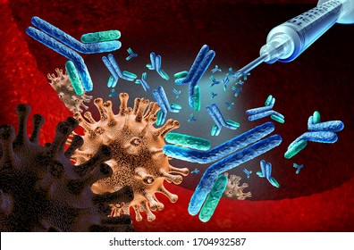 Immunoglobulin Therapy And Vaccine For Virus Infection Or Bacterial Disease Concept As Oncology Treatment Concept Using Antibody Treatment With With Proteins From The Human Body As A 3D Illustration.