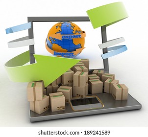 Import and export arrow around earth for business. Concept of online goods orders worldwide. 3d illustration on white background