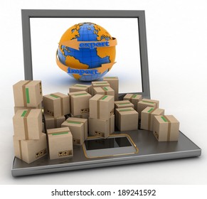 Import and export arrow around earth for business. Concept of online goods orders worldwide. 3d illustration on white background