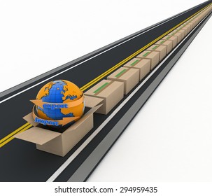 Import and export arrow around earth and stream of cardboard boxes on road. Concept of buying goods worldwide. 3d illustration on white background