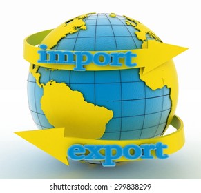 Import and export arrow around earth for business. Direction concept. 3d illustration on white background