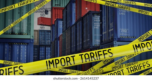 Import tariffs tapes and cargo containers - 3D illustration