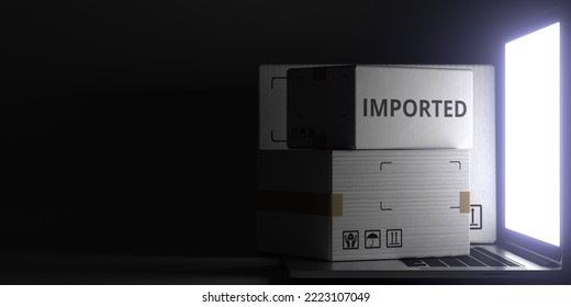 IMPORTED text the boxes on the laptop on dark background. 3D rendering