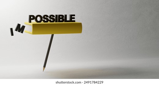 Impossible becomes possible concept design of book and pencil with copy space on cement background 3D render