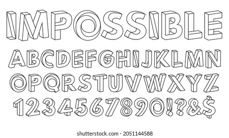 Impossible Shapes Font. Paradox Alphabet Letters And Numbers, Geometric Abc Figures  Illustration Set. Optical Illusion Impossible Alphabet. Futuristic Numerals And Punctuation Marks