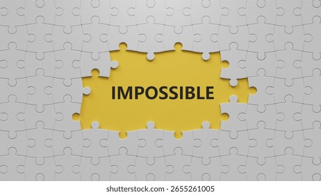 impossible.The white puzzle pieces with missing pieces spelling.Flat lay view from above on yellow background with The white puzzle pieces with missing pieces buttons.IT technology concept.