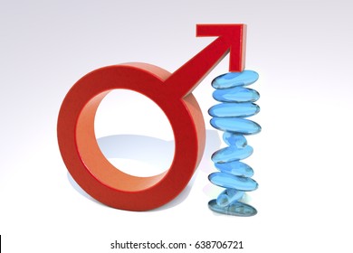 Impotence treatment concept. 3D illustration showing male symbol supporting by impotence pills